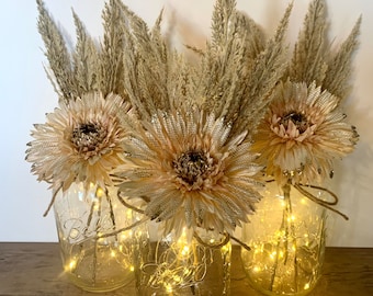 Boho Wedding Centerpiece, Lighted Mason Jar  Centerpieces Farmhouse Home Decor, Rustic Decor