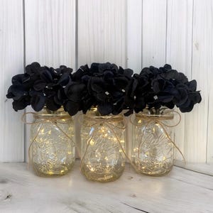 Lighted Mason Jar Centerpiece Black Wedding Centerpieces Black Party Decor, Lighted Mason Jar Decor Event Centerpieces Fairy Light Mason Jar