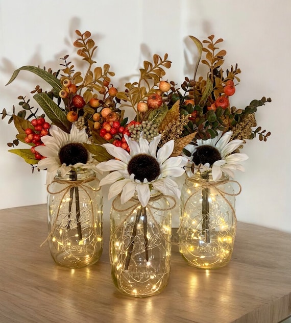 Fall Centerpiece Lighted Fall Mason Jar Decor Farmhouse Home Decor, Rustic Home Decor Sunflower Mason Jar Table Decor