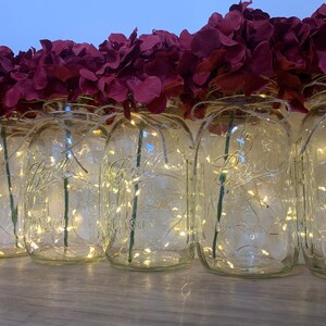 May include: A row of clear glass mason jars with burgundy flowers and white fairy lights inside. The jars are tied with twine and are sitting on a wooden surface.