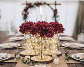 Burgundy Wedding Centerpieces Lighted Mason Jar Decor Burgundy Birthday Party Decor Burgundy Bridal Shower Decor 50th Birthday Party
