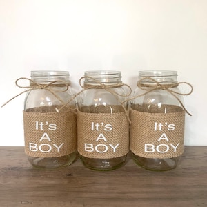 Baby Shower Centerpiece Boho Baby Shower Decor, It’s a Boy Mason Jar Sleeves, Neutral Baby Shower Table Decor