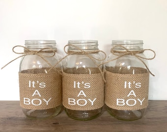 Baby Shower Centerpiece Boho Baby Shower Decor, It’s a Boy Mason Jar Sleeves, Neutral Baby Shower Table Decor