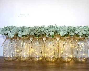 Sage Table Centerpieces Fairy Light Mason Jar Wedding Centerpieces Rustic Wedding Decor Set of 6