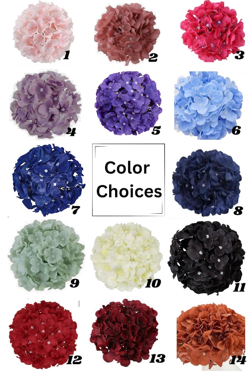 May include: A selection of 14 different colors of artificial hydrangea flower heads. The colors include pink, red, purple, blue, white, green, black, and brown.