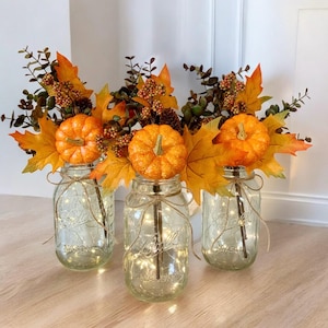 Fall Centerpiece Thanksgiving Decor Fall Wedding Decor Fall Pumpkin Lighted Mason Jar Table Centerpieces Autumn Decor Thanksgiving Table