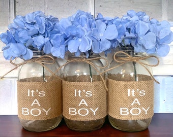 It’s a Boy Baby Shower Centerpiece, Mason Jar Baby Shower Decor, Boy Baby Shower Table Decor, Baby in Bloom