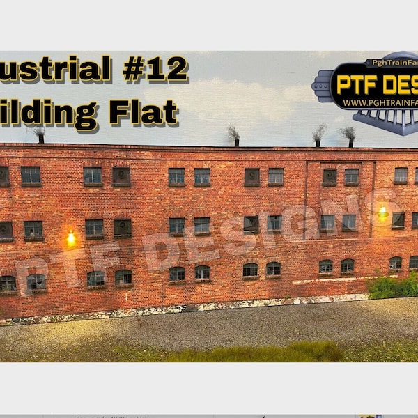 O Scale Industrial #12 Factory Building Flat w/ LEDs - for model railroading background 3D effect or diorama