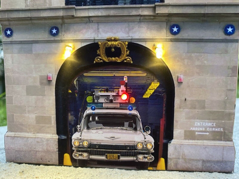 thumbnail image 2 of Ghostbusters Firehouse Building Front For G Scale Trains - LED Light Up, Pre-Built ECTO-1 Decoration 2 of 6