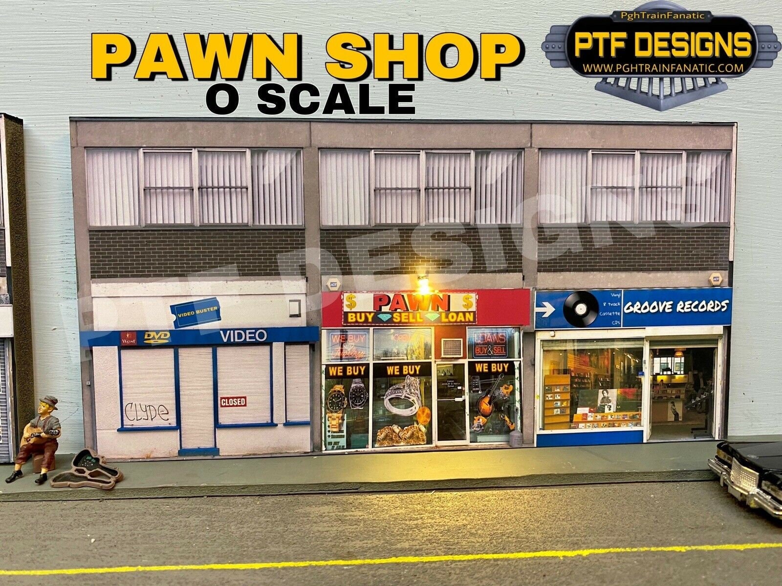 O Scale Pawn Shop Building Flat W/ LED for Background on