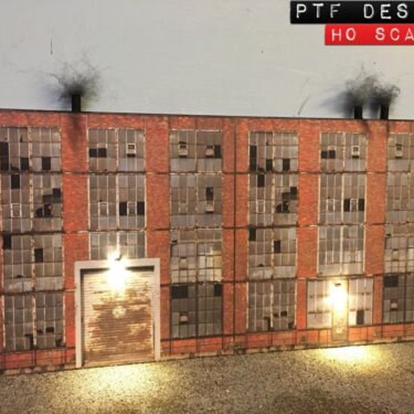 HO Scale Industrial # 1 Edificio Plano / Frontal Fondo 3D w / Decoración LED Diorama