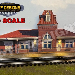 HO Scale Train Station #2 Building Flat w LEDs - for use as a 3D background on model railroad or diorama