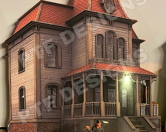 O Scale “Psycho House ” Halloween building flat diorama decoration w/LED - Bates Motel