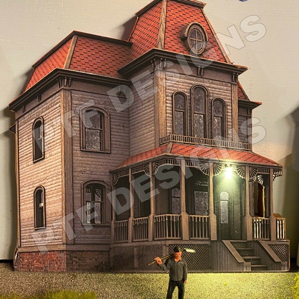 O Scale “Psycho House ” Halloween building flat diorama decoration w/LED - Bates Motel