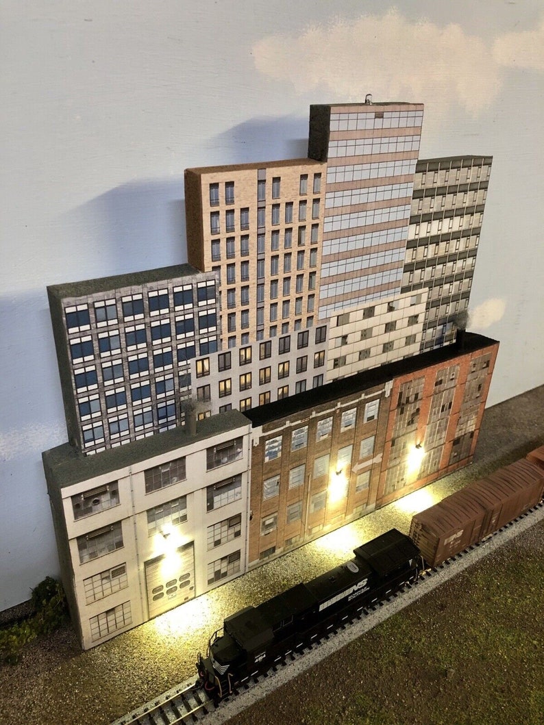 N Scale (1:160) City Buildings Collage Flat #2 With LED Lights - 9 Skyscraper Background