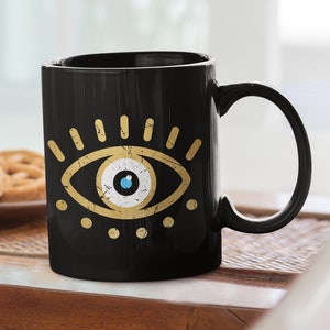 Greek Evil Eye Black Mug | Distressed Evil Eye Coffee Mug | Funny Greek Aesthetic Evil Eye Cup | Vintage Evil Eye Mug Gift