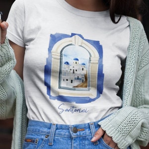 Santorini Watercolor Unisex T-shirt Greece Vacation Souvenir Travel Gift Greek Islands Santorini Shirt Gift Greece Travel Lover Souvenir Tee