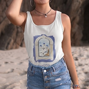 Santorini Watercolor Unisex Tank Top Greece Vacation Souvenir Travel Gift Greek Islands Santorini Shirt Gift Greece Travel Lover Souvenir