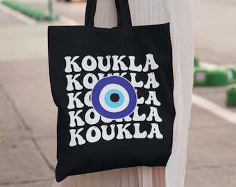 Sac fourre-tout grec Koukla Eco | Drôle de sac fourre-tout grec Evil Eye bio | Sac fourre-tout grec Evil Eye Koukla | Mignon Grèce Cotton Market Bag