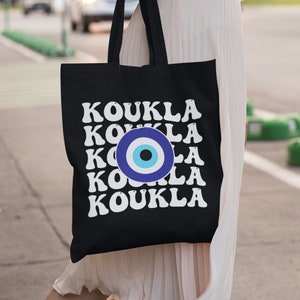 Greek Koukla Eco Tote Bag | Funny Greek Evil Eye Organic Tote Bag | Greek Evil Eye Koukla Tote Bag | Cute Greece Cotton Market Bag