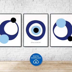 Greece Wall Décor | Greek Evil Eye Wall Art Set of 3 | Greek Amulet Digital Print | Blue Pink Evil Eye Printable Wall Art | Greek Print Art