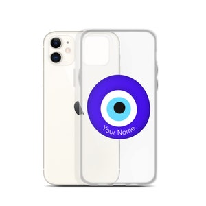May include: A clear phone case with a blue evil eye design and the text "Your Name".
