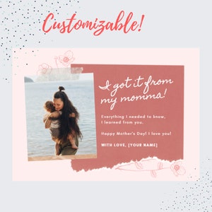 Tarjeta del Día de la Madre para mamá, abuela y abuela. Tarjeta personalizada y única para madre e hija, imprimible digitalmente.