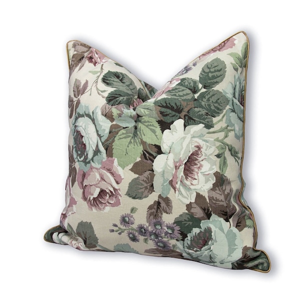 Double Sided Beige Linen Pillow Cover with Rose Print Made from Sanderson "Little Chelsea" Fabric