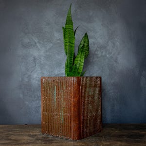 May include: A square, brown ceramic planter with vertical textured lines, holding a green snake plant. The planter has a rustic, aged appearance. The plant has long, pointed green leaves with lighter green stripes.