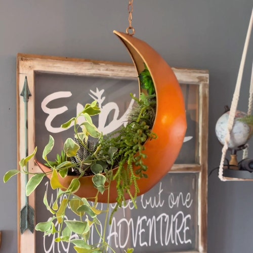 Jardinière de lune suspendue pour décoration de chambre lune - Idéal pour les plantes succulentes, les plantes aériennes, les mini cactus, les plantes artificielles, les jardinières en métal rustiques bohèmes
