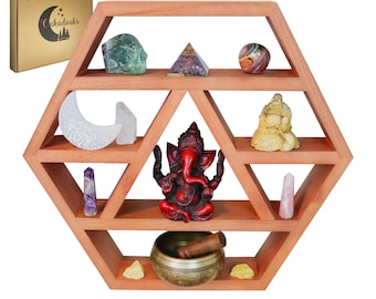 Estante de cristal hexagonal - Gran estante geométrico marrón de 53 cm para altar, ideal para cristales, para mesa o para colgar - Regalos de decoración espiritual - Aceites esenciales