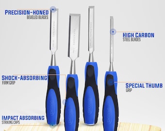 Oakadoaks Chisel Set Woodworking Tools & Wood Carving Tools – High Quality Chrome Vanadium Steel Wood Chisel Sets / Beveled Edges (Set of 4)