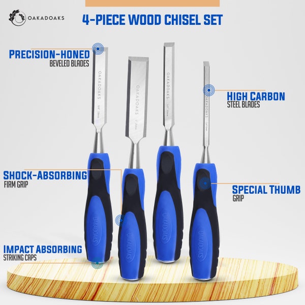 Oakadoaks Chisel Set Woodworking Tools & Wood Carving Tools – High Quality Chrome Vanadium Steel Wood Chisel Sets / Beveled Edges (Set of 4)