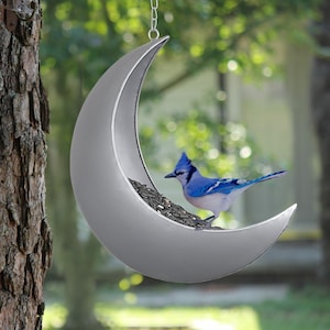 Mond Vogelhäuschen für Draußen - Hängendes und am Zaun montiertes Futterhaus, Eichhörnchenfutterhaus, Gartendekoration, himmlisches Geschenk für Vogelliebhaber, Metallfutterhaus 12inch Silver