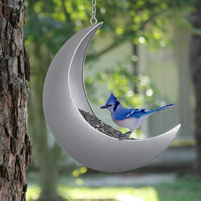 Mond Vogelhäuschen für Draußen - Hängendes und am Zaun montiertes Futterhaus, Eichhörnchenfutterhaus, Gartendekoration, himmlisches Geschenk für Vogelliebhaber, Metallfutterhaus 12inch Silver
