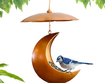 Lunar Bloom hängende Mond Vogelfutterstelle mit Mondblumen Regenkuppel - 9 ”Metall Gartendekoration, Geschenk für Vogelliebhaber, antikes Gold