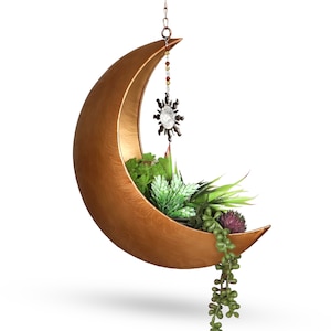 Hanging Moon Planter with Crystal Suncatcher for Moon Room Decor – 12” Boho Rustic Metal Planters ,Gifts for Women, Birthdays