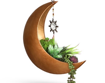 Hanging Moon Planter with Crystal Suncatcher for Moon Room Decor – 12” Boho Rustic Metal Planters ,Gifts for Women, Birthdays