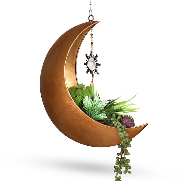 Hanging Moon Planter with Crystal Suncatcher for Moon Room Decor – 12” Boho Rustic Metal Planters ,Gifts for Women, Birthdays