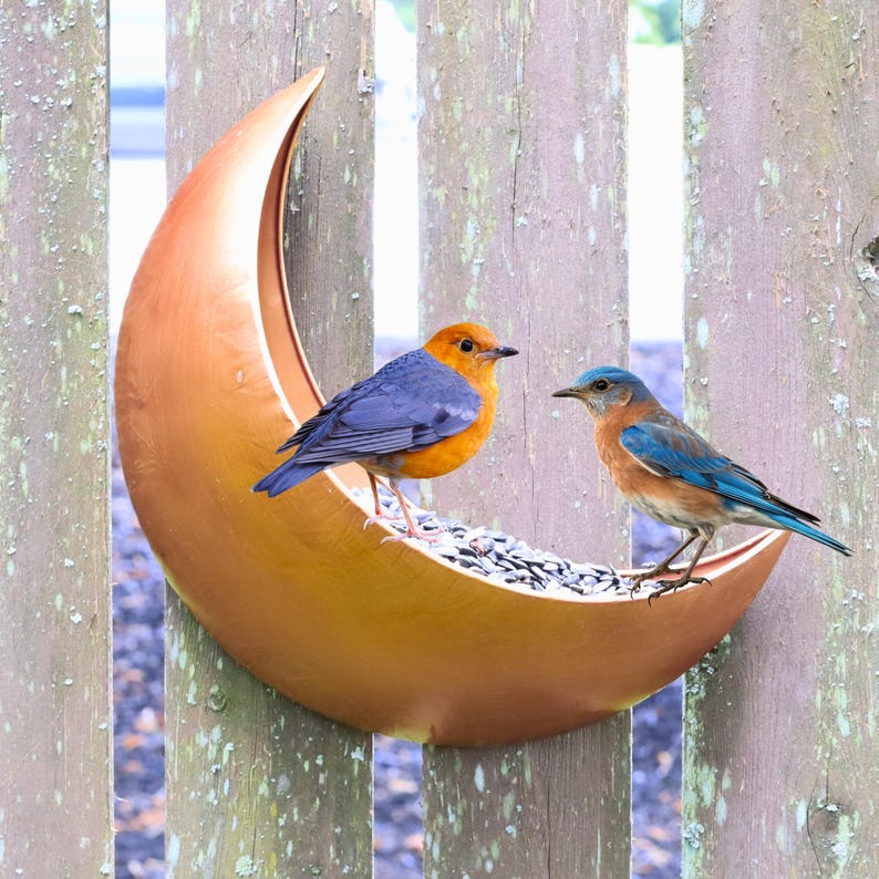 Mond Vogelhäuschen für Draußen - Hängendes und am Zaun montiertes Futterhaus, Eichhörnchenfutterhaus, Gartendekoration, himmlisches Geschenk für Vogelliebhaber, Metallfutterhaus 12inch Fence Feeder