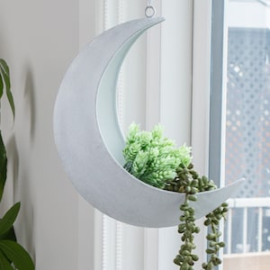 Hanging Moon Planter for Moon Room Decor - Great for Succulents, Air Plant, Cactus, Faux, Artificial Plants, Rustic White Farmhouse Planters