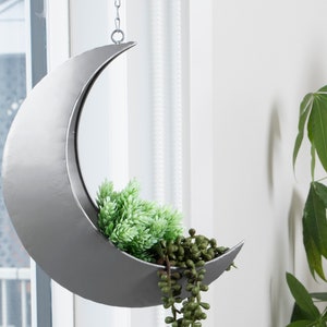 Hanging Moon Planter for Moon Room Decor - Great for Succulents, Air Plant,Cactus, Faux, Artificial Plants, Lunar Silver Boho Metal Planters