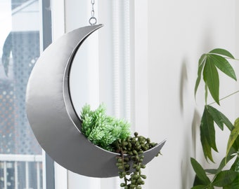 May include: A silver metal crescent moon shaped hanging planter with a chain. The planter is filled with green succulents.