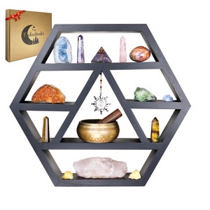 Hexagon Crystal Shelf Display - Large 21" Black Geometric Altar Shelf for Crystals - Table or Hanging - Spiritual Decor Gifts-Essential Oils