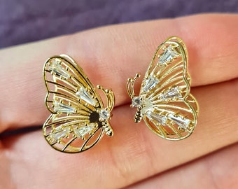 Real 14k Yellow Gold Dangle CZ Butterfly Gift Screw Back Stud Earring Girl Kid 
