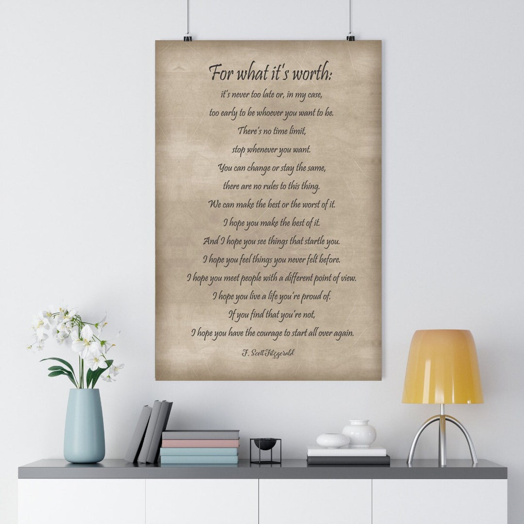 For What It's Worth Poem Poster F. Scott Fitzgerald Poem Wall Art ...