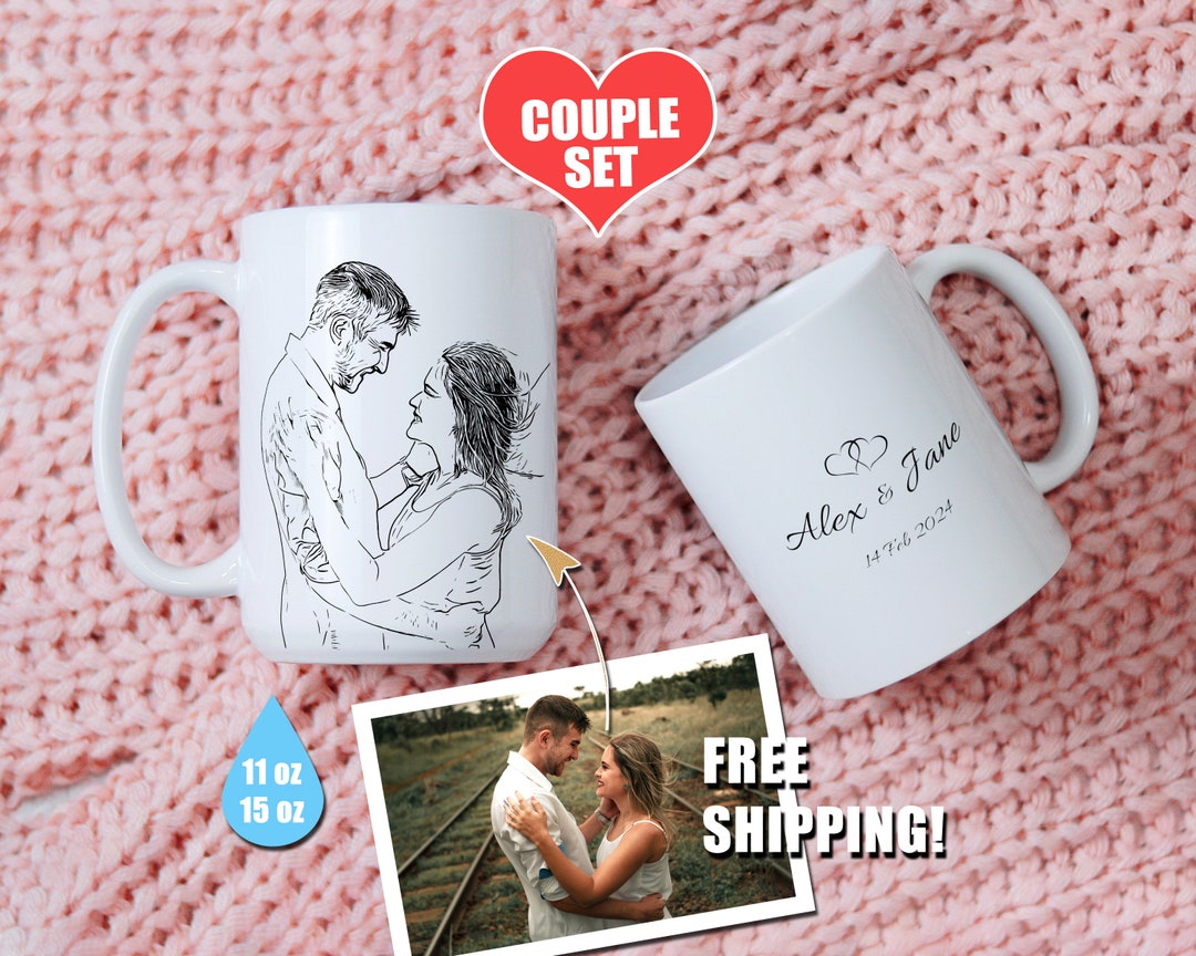 Personalized Couple Mug Set, Custom Couple Portrait Mug, Matching Mugs ...