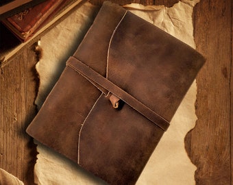 Personalized Leather Journal, leather tie closure, Antique Handmade, Deckle Edge Vintage Paper, grimoire spell book, sketchbook