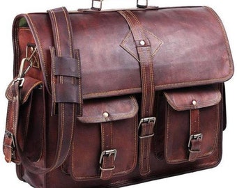 18 pouces vintage handmade Leather Messenger Bag Laptop Briefcase Computer Satchel bag For Men (DARK BROWN)