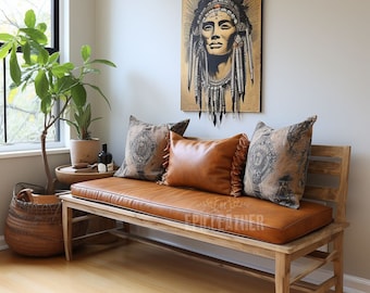 Custom Tan Leather Bench Cushion Cover – Double Piping or Box Stitch, Genuine Leather, Handmade for Window Seat or Entryway